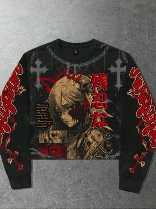 Sweaters - Black Graphic Anime-Inspired Crewneck Sweater